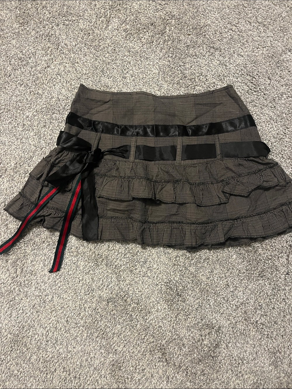 Tiered Mini Skirt with Satin Ribbon Detail - Brown/Black